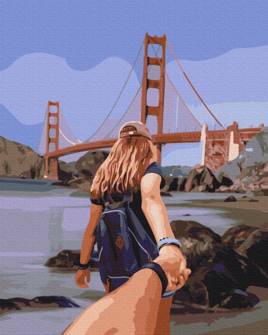 Paar hält Hände am Strand vor der Golden-Gate-Brücke, Malen-nach-Zahlen-Motiv