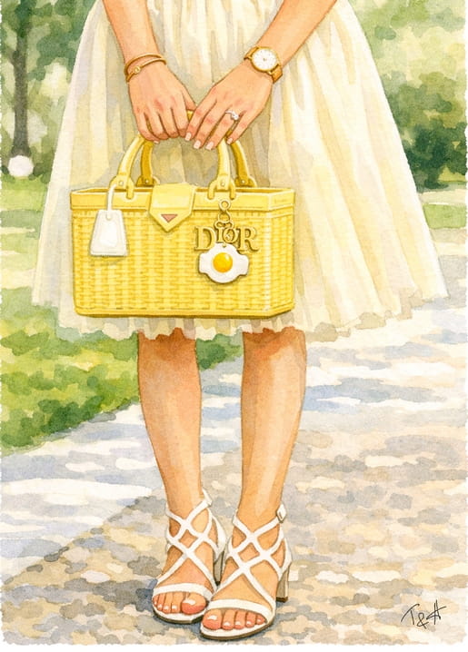 Watercolor illustration by T&A of a fashion woman in a white dress holding a yellow woven basket Dior during a summer walk