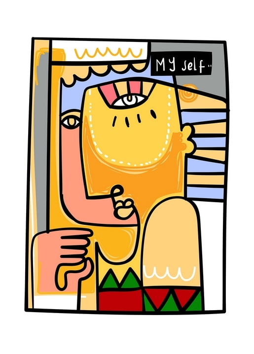 Abstract cubist self-portrait illustration titled 'My Self' with geometric yellow, blue and red shapes