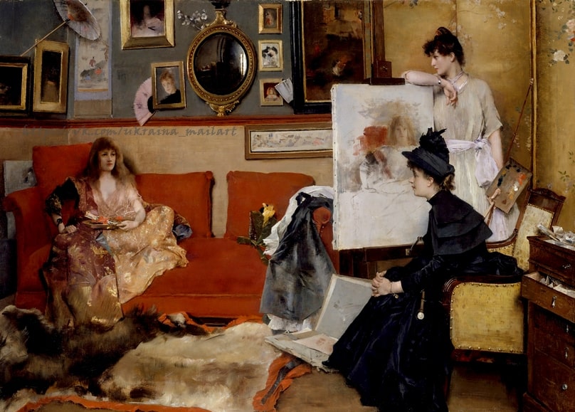 Alfred Stevens 1888 painting Dans l'Atelier showing a crowded artist's studio with three women