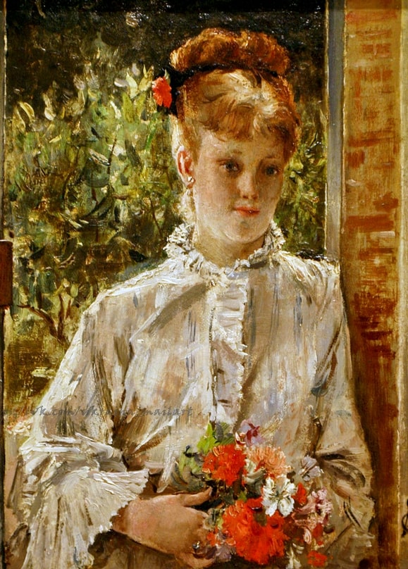Gemälde von Alfred Stevens: rothaarige junge Frau mit Strauß aus roten und weißen Blumen