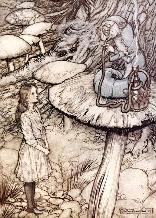 Arthur Rackham illustration of Alice facing the Caterpillar smoking a hookah atop a large mushroom.