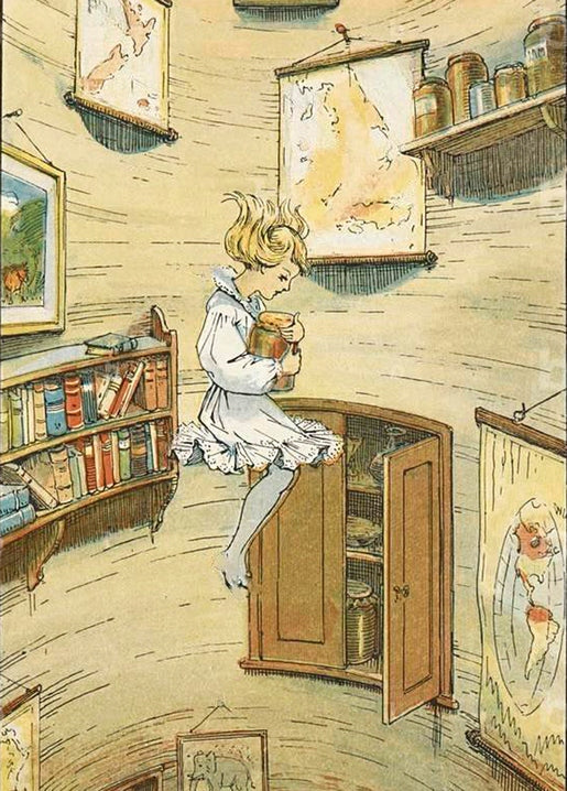 Postkarte von Alice, die an Schränken und Bücherregalen im Kaninchenbau vorbeischwebt