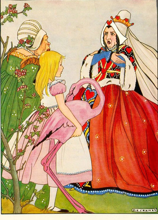 Alice holds a flamingo before the Queen of Hearts and Duchess, illustration by Rie Cramer