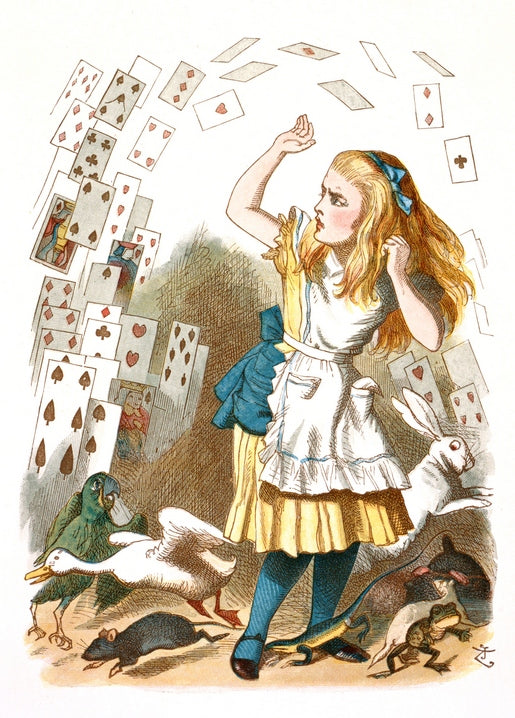 Vintage illustration of Alice as playing cards fly through the air around fleeing animals