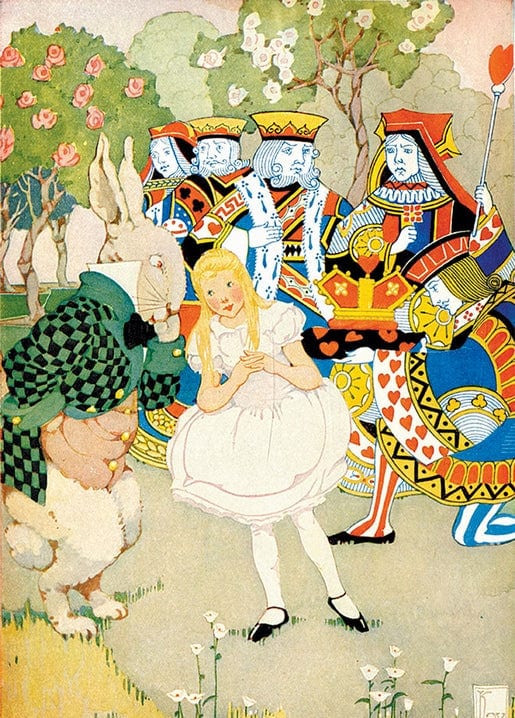 Illustration of Alice facing the King and Queen of Hearts with card guards and the White Rabbit