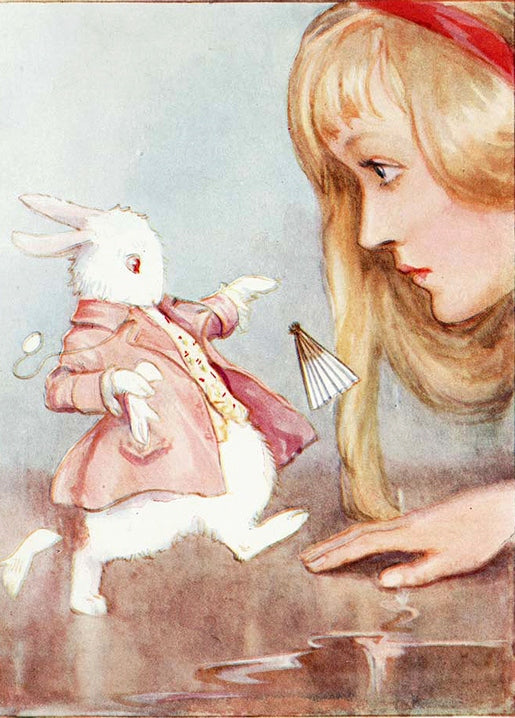 Vintage illustration of Alice watching the White Rabbit hurry past holding a fan and gloves
