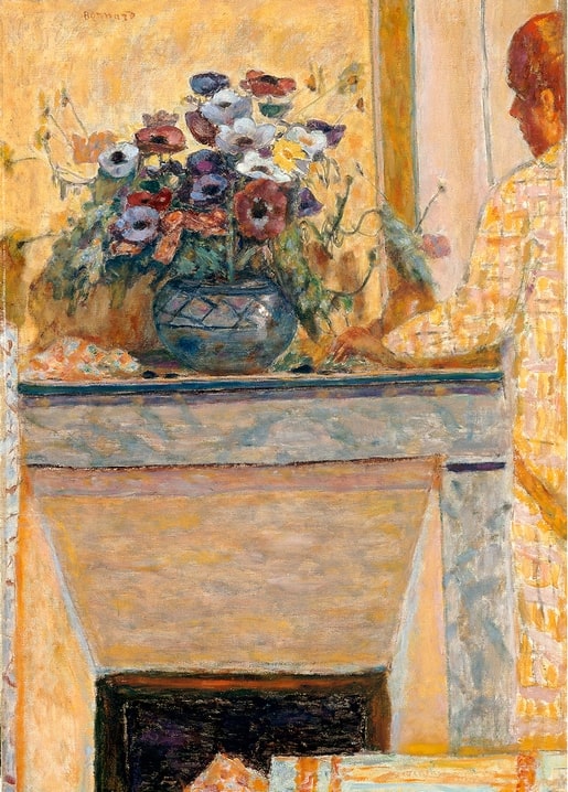 Anemone bouquet on a golden mantelpiece with a woman in a patterned dress nearby, Bonnard postcard