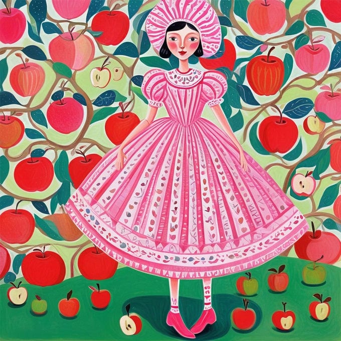 Dark-haired girl in pink bonnet and heart-print dress standing in a red and green apple orchard