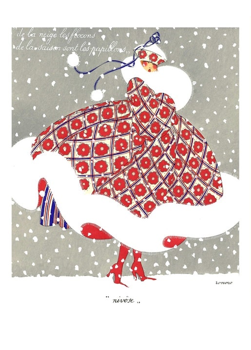 Art deco illustration of a woman in a red floral coat amid falling snow