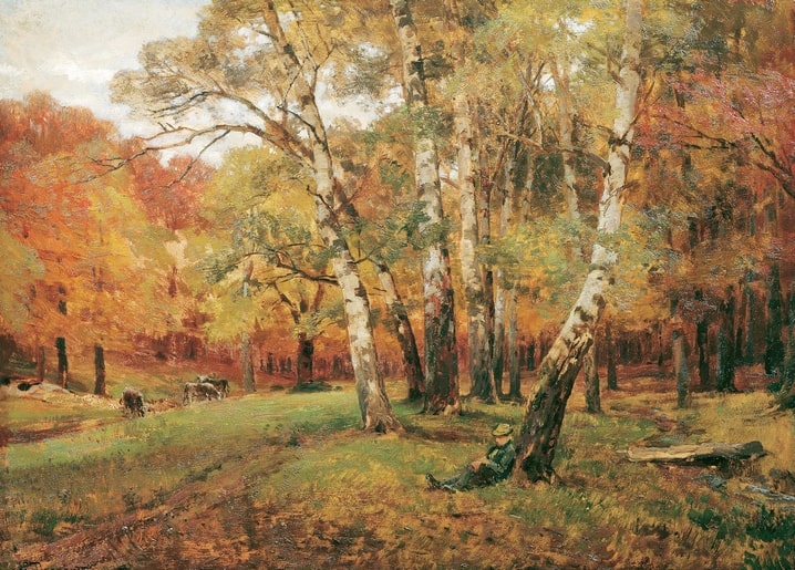 Autumn birch forest with a man resting under a tree and horses grazing on the path, by Hugo Charlemont
