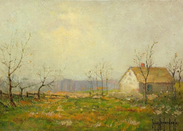 Pale autumn landscape painting with bare trees and a small white farmhouse, by Julian Onderdonk