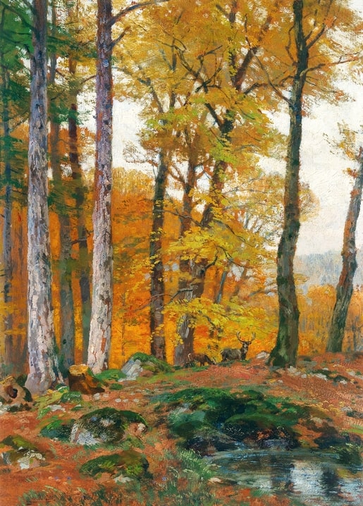 Herbstwaldgemälde mit goldenen Bäumen, zwei Hirschen auf einer Lichtung und einem moosigen Bach