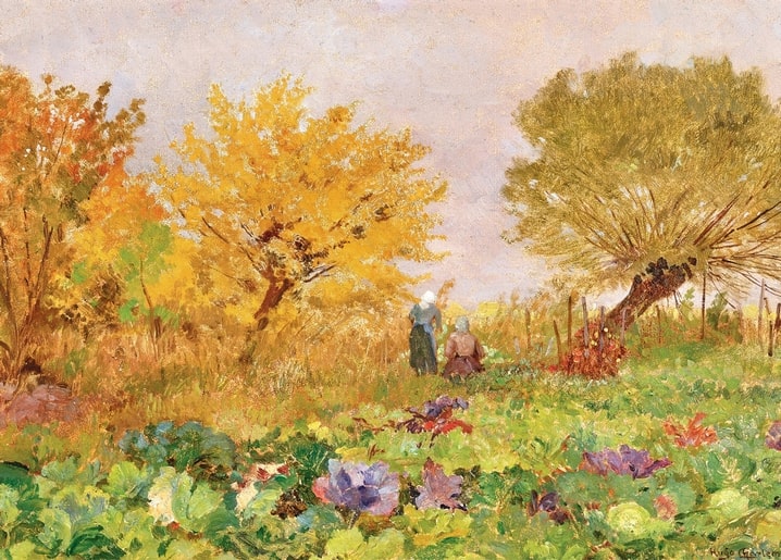 Autumn landscape with two women walking among golden trees and flowering cabbages, by Hugo Charlemont