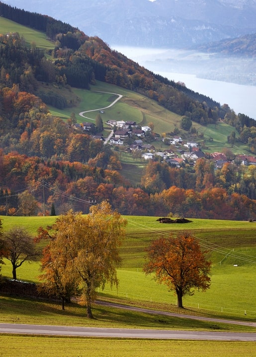 Terrassiertes Tal mit Herbstwäldern, neblichem See und Dorf am Hang
