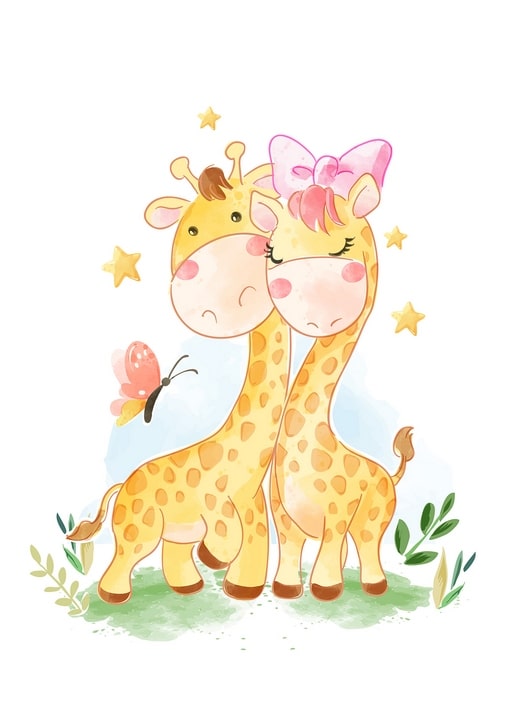 Two baby giraffes embracing under a pink bow with a butterfly and gold stars, watercolor illustration