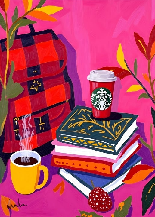 Illustration von Rucksack, Kaffeebecher, Büchern und rotem Fliegenpilz auf pinkem Hintergrund, signiert AnniKa