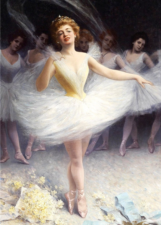 Ballerina dancing en pointe on stage with corps de ballet and flowers, painting by Pierre Carrier-Belleuse