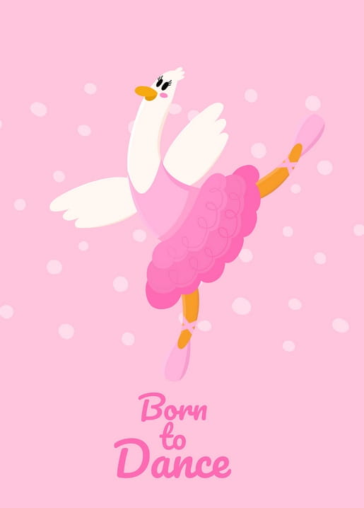 Illustration eines rosa Ballerina-Schwans in Pirouettenhaltung vor gepunktetem Hintergrund