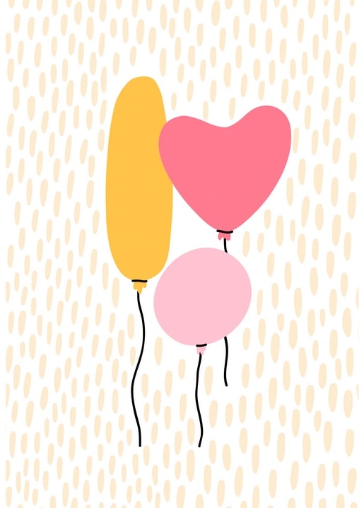 Illustrated yellow, heart-shaped pink, and pale pink balloons on cream dotted background