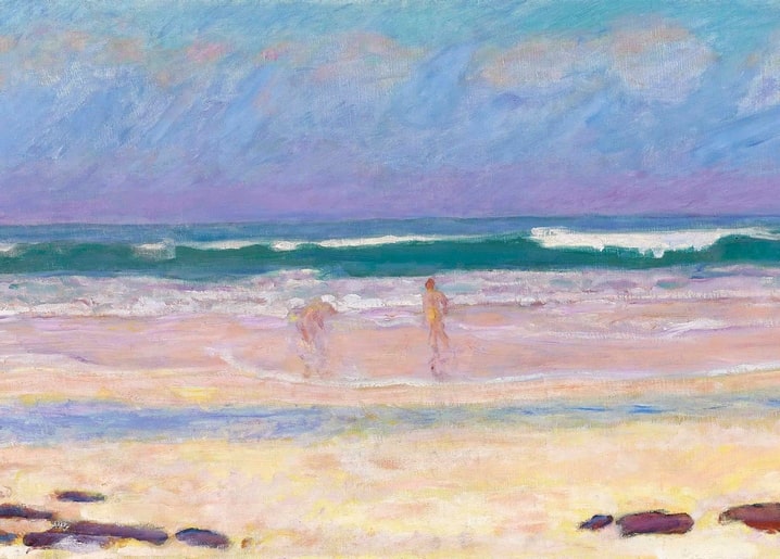 Pierre Bonnard beach painting with two bathers, teal wave and pink-lilac sand, printed as a postcard