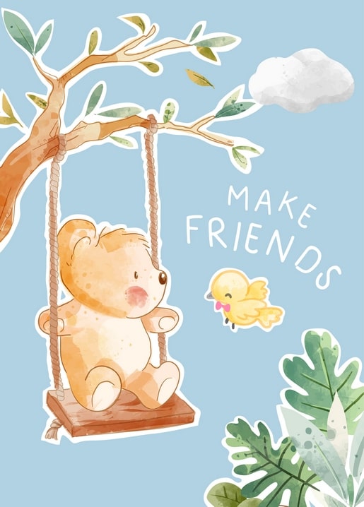 Watercolor bear cub swinging from a tree branch beside a yellow bird