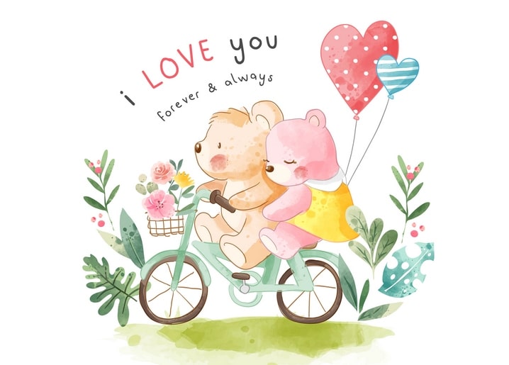 Aquarell-Illustration von zwei Bärenjungen auf dem Fahrrad zwischen Herzballons und einem Blumenkorb
