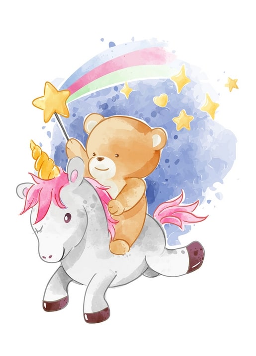 Watercolor teddy bear riding a unicorn and waving a golden star wand
