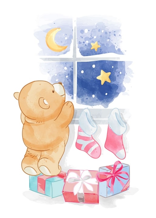 Watercolor bear on tiptoe watching the moon and stars through a window with stockings and gifts