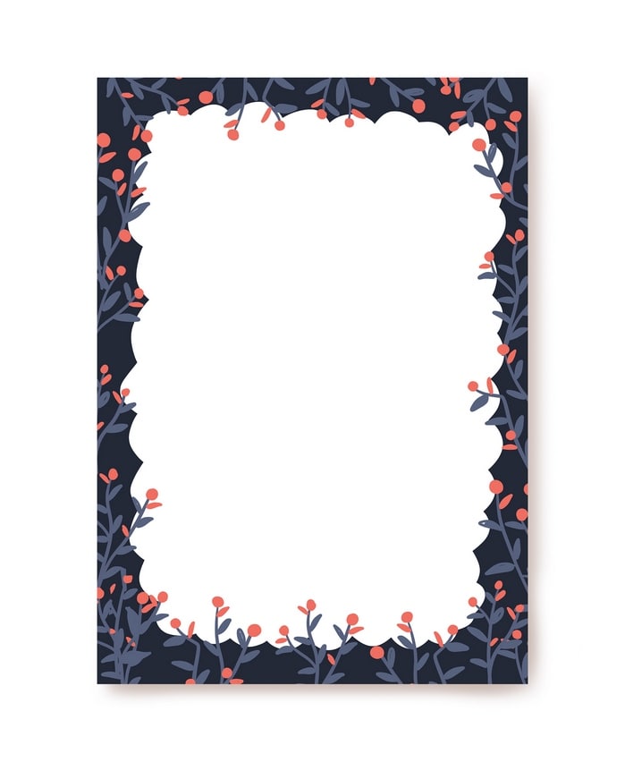 Navy writing paper with blue-grey branches and coral berries framing a scalloped white panel