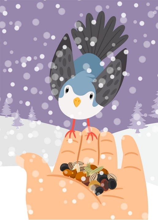 Illustrierter Vogel mit gespreizten Flügeln landet im Schneetreiben auf einer Hand voller Nüsse