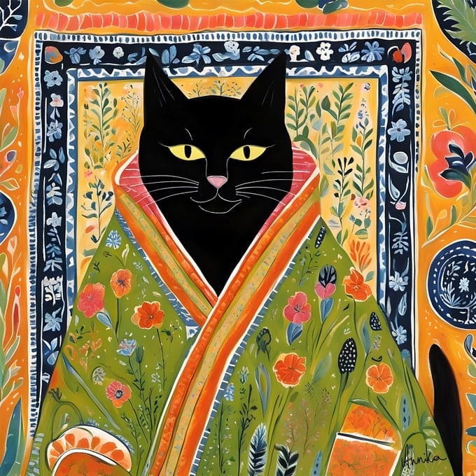 Illustrated black cat with yellow eyes wrapped in a green-orange floral kimono on patterned backdrop.