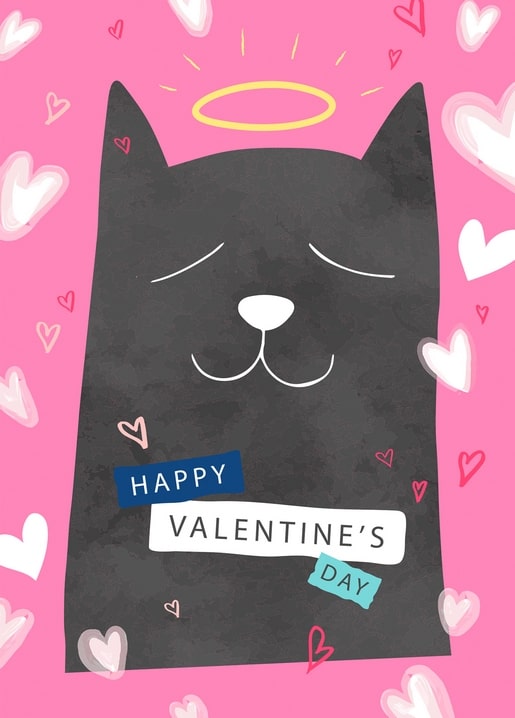Чорний кіт із золотим німбом серед сердечок на рожевому тлі з написом «Happy Valentine's Day»