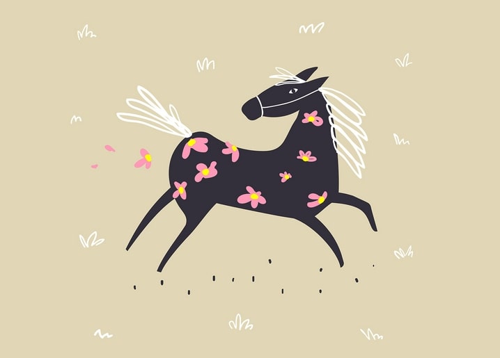 Illustriertes schwarzes Pferd, das durch ein blütenbedecktes Feld läuft