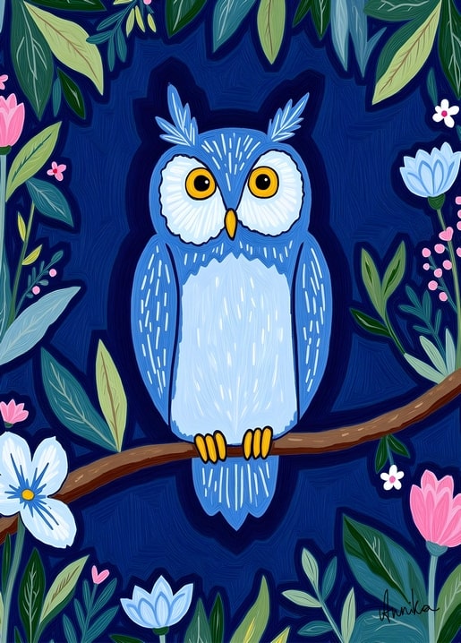 Illustration einer blauen Eule auf blühendem Ast bei Nacht, Postkarte AnniKa
