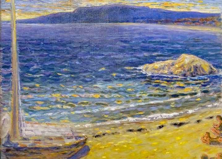 Bonnard postcard: a moored sailboat, golden sand and a deep blue bay under a violet sky.