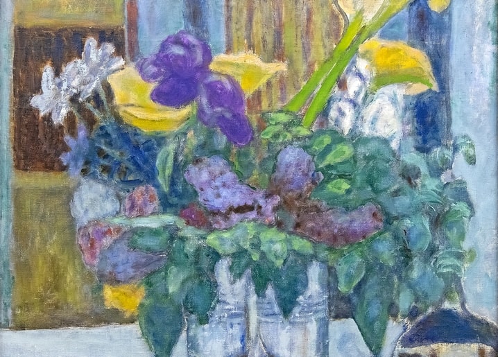 Bonnard postcard: purple iris, yellow calla lilies and daisies in a white-and-blue vase by a window.