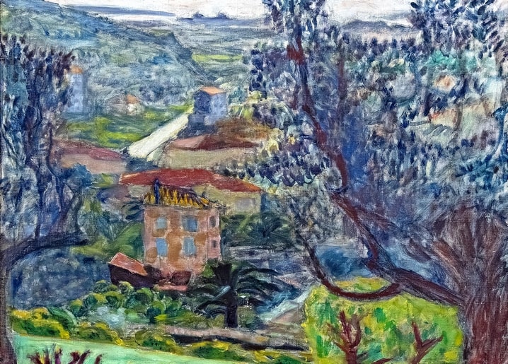 Bonnard painting of a red-roofed house among olive trees and terraced hills near Le Cannet