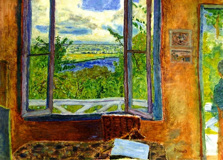 Bonnard painting of an open window looking over a river valley toward distant hills