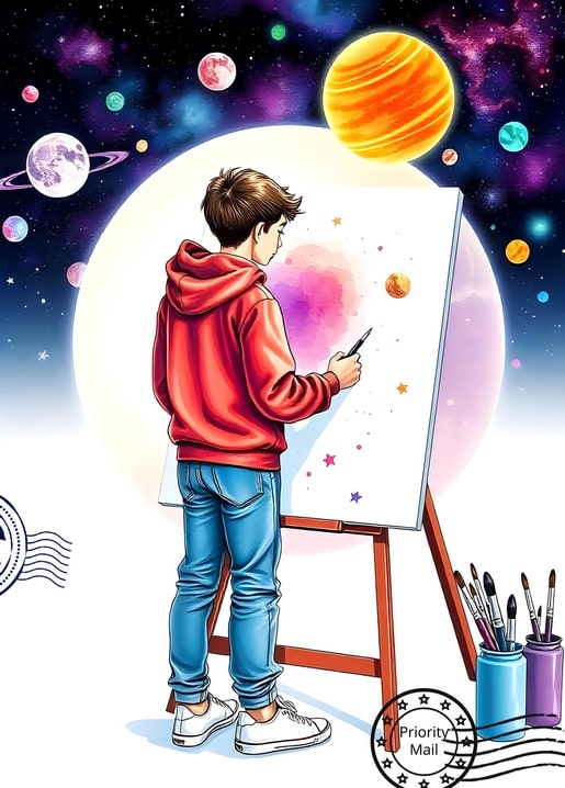 Junge im roten Hoodie malt an der Staffelei eine Galaxie, umgeben von Planeten und Sternen