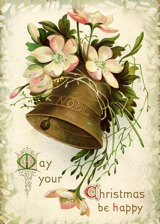 Vintage postcard of a brass NOEL bell wrapped in pink and white Christmas roses