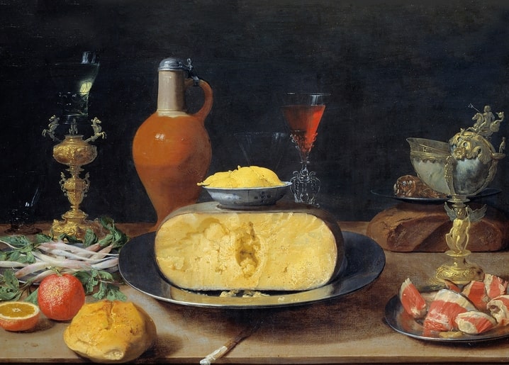 Jacob Foppens van Es Baroque still life with cheese, wine goblet, oranges and bread on a dark table
