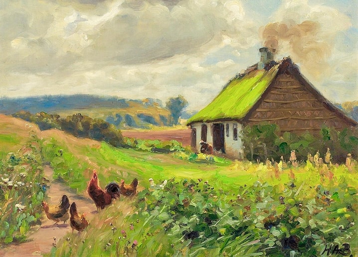 Painting of a mossy-roofed thatched cottage with chickens and smoke from the chimney