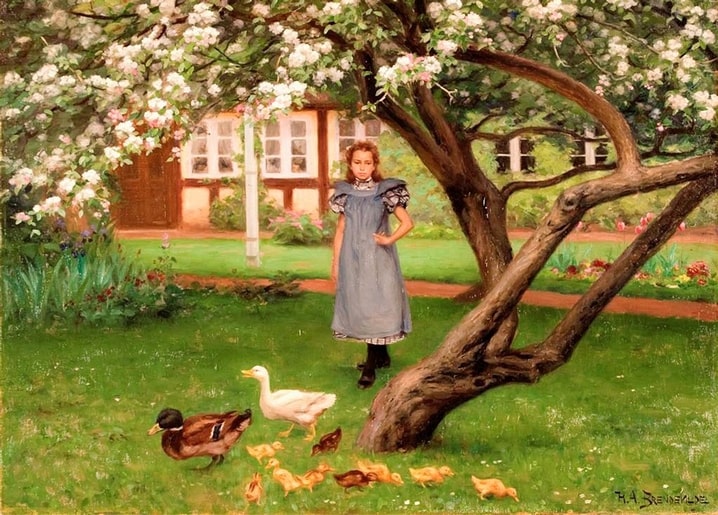 Girl watching a duck, white duck, and ducklings under a blossoming apple tree — H.A. Brendekilde painting.