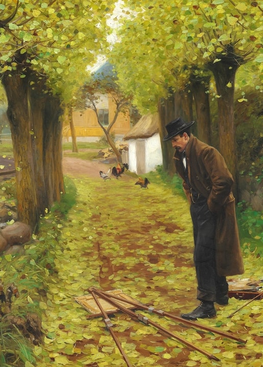 Hans Andersen Brendekilde painting of an artist eyeing his spilled easel on an autumn lane