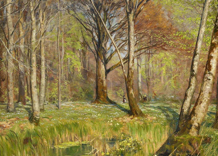 Sunlit spring beech forest with a winding stream, white anemones and two distant walkers, painting by H. A. Brendekilde