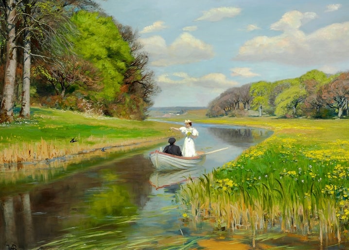 Woman in white gestures toward marsh marigolds from a rowboat rowed along a sunny spring river.