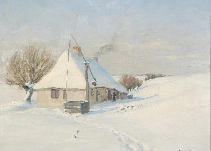 Gemälde eines weiß getünchten, fast eingeschneiten Gehöfts unter blassem, nebligem Winterhimmel.