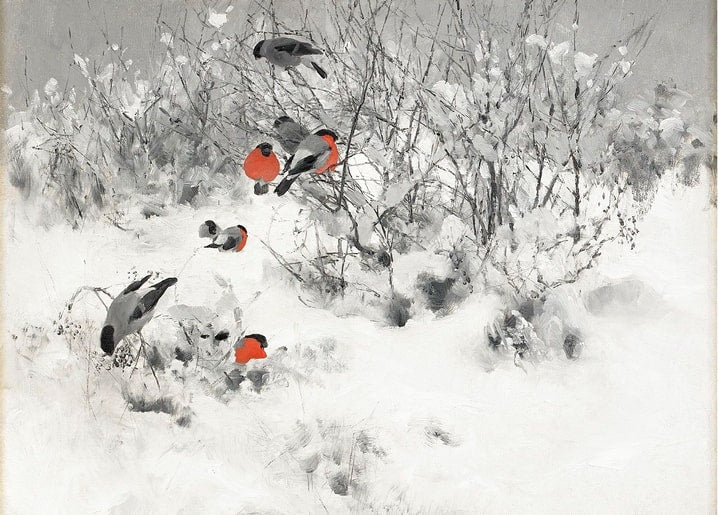 Gemälde von Bruno Liljefors: Gimpel im schneebedeckten Wintergebüsch