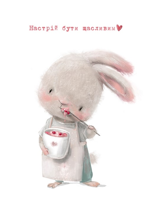 Bunny in an apron eating berry jam with a spoon from a bucket